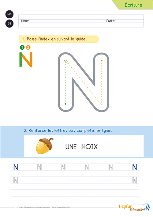 Fiche d'écriture présentant la lettre N majuscule, un grand modèle à suivre, le mot repère « noix » et des lignes d'entraînement pour la maternelle.