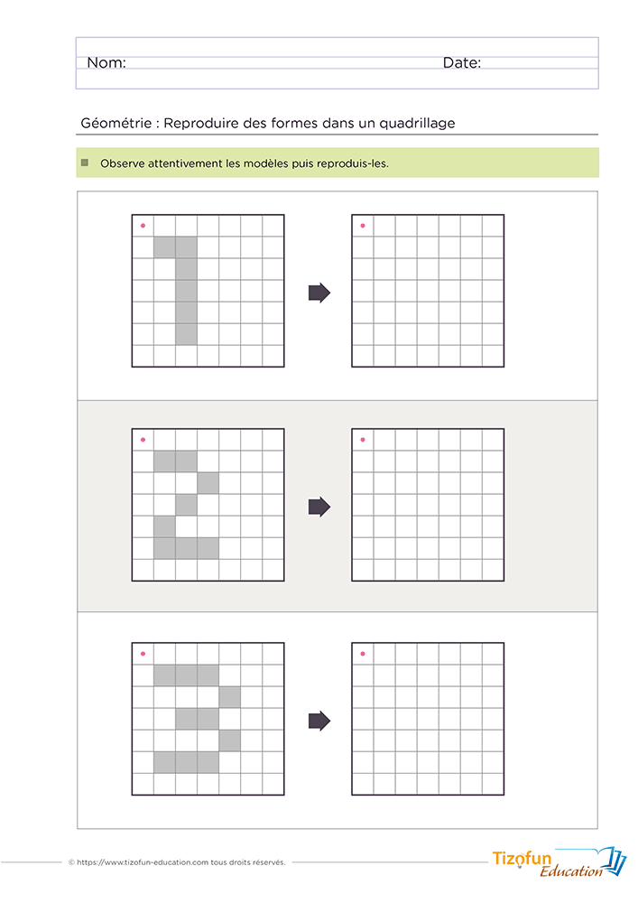 Activité de reproduction sur quadrillage en GS et CP proposant plusieurs modèles géométriques à copier avec précision sur une grille.