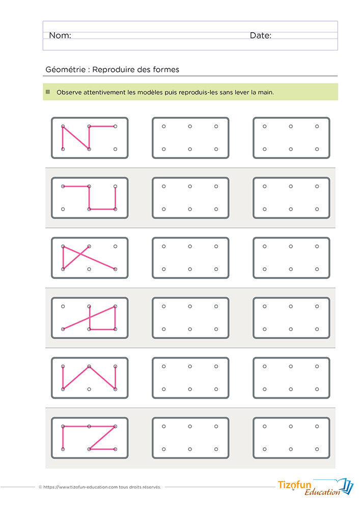 Fiche de reproduction de formes sur réseau de points en GS et CP proposant plusieurs modèles de lignes brisées à reproduire d'un seul geste.