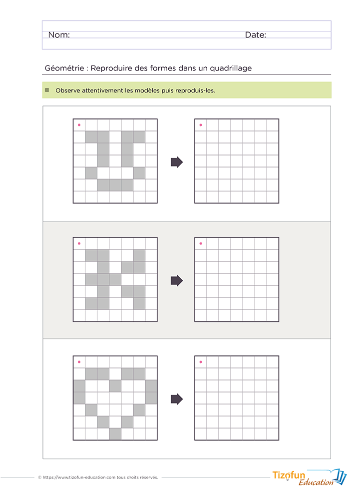 Fiche de géométrie proposant de reproduire des formes sur quadrillage Pixel art afin de développer le repérage spatial et la précision.