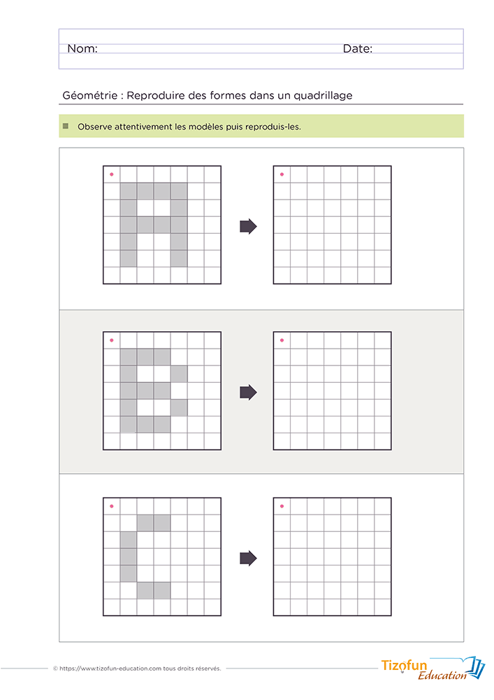 Fiche de géométrie et d'alphabet proposant de reproduire des lettres sur quadrillage Pixel art afin de développer le repérage spatial et l'observation.
