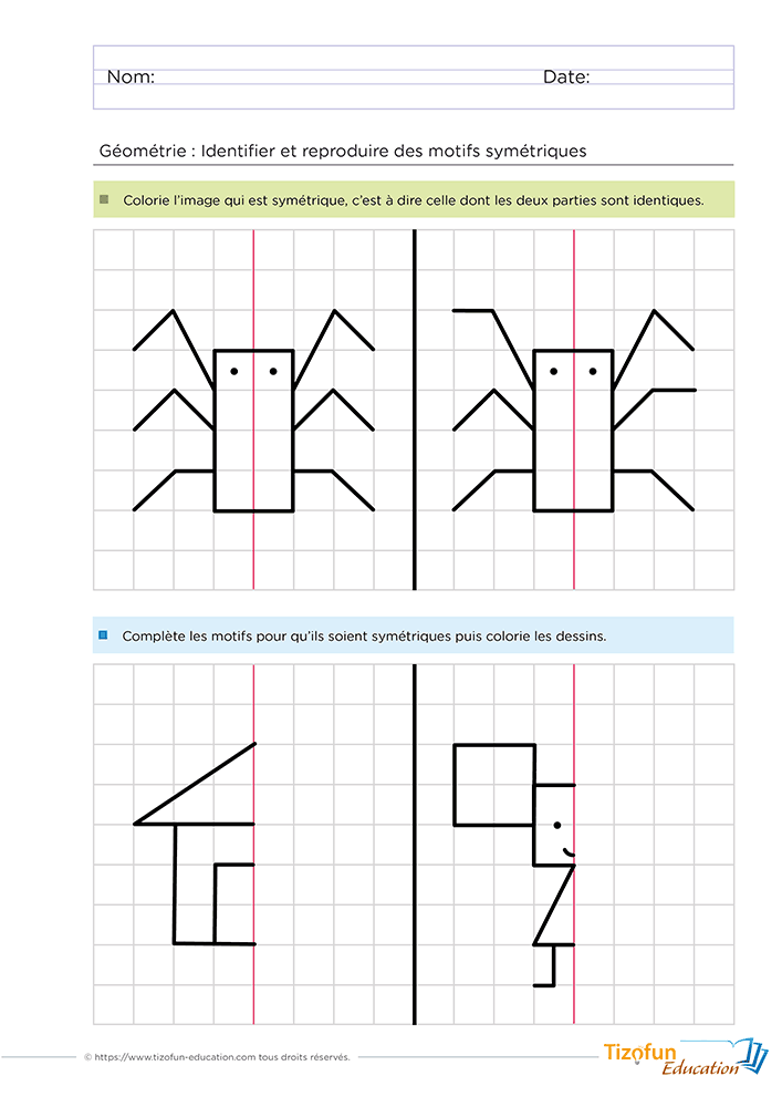 Activité pour compléter un dessin symétrique en Maternelle GS à l'aide d'un axe de symétrie et d'un quadrillage favorisant l'observation et la géométrie.