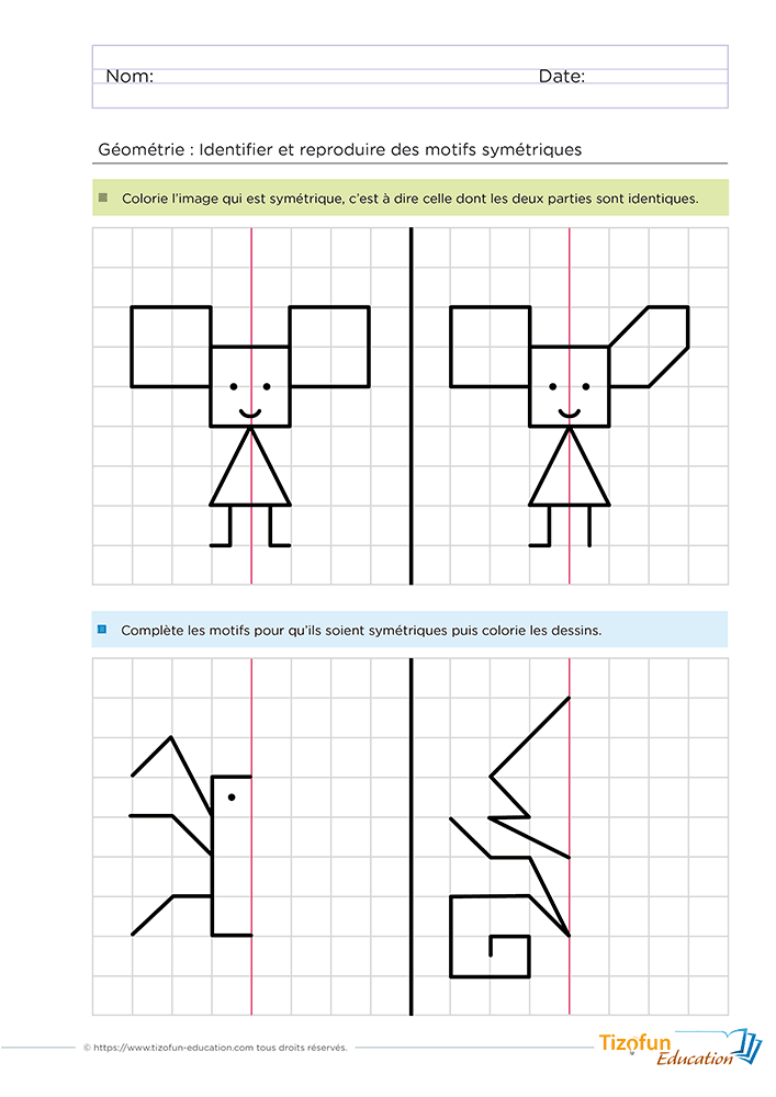 Exercice de symétrie sur quadrillage en GS et CP proposant des personnages et des motifs géométriques à observer puis à compléter autour d'un axe de symétrie.