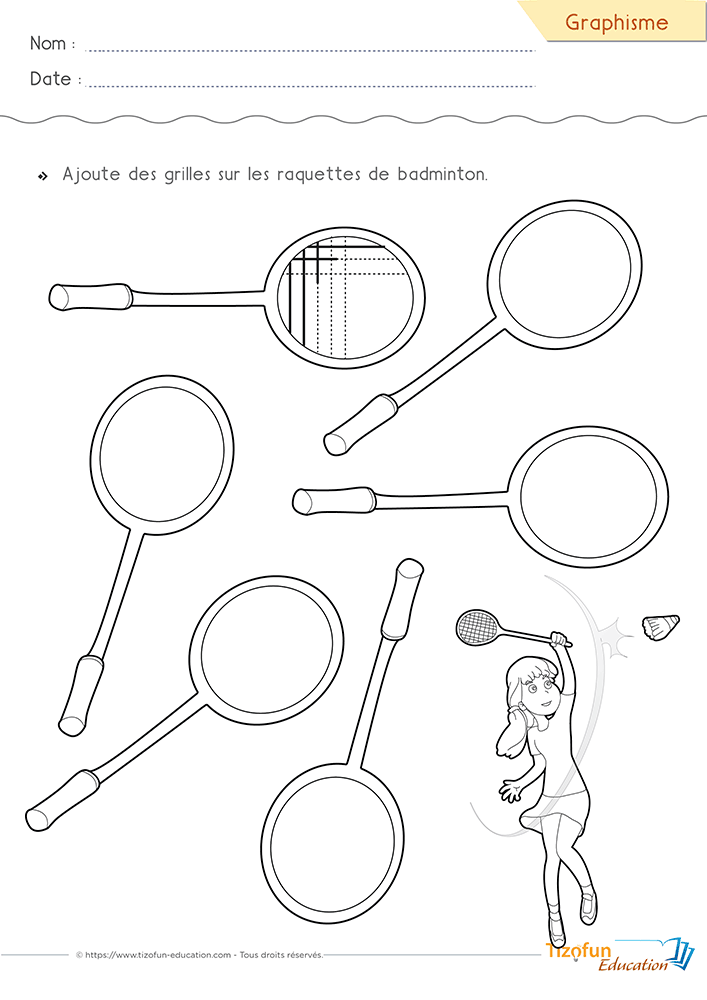 Activité de Graphisme consistant à compléter le quadrillage de raquettes de badminton.