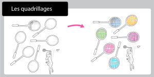 Une activité de graphisme qui consiste à compléter les raquettes de badminton avec un quadrillage régulier pour développer la motricité fine.