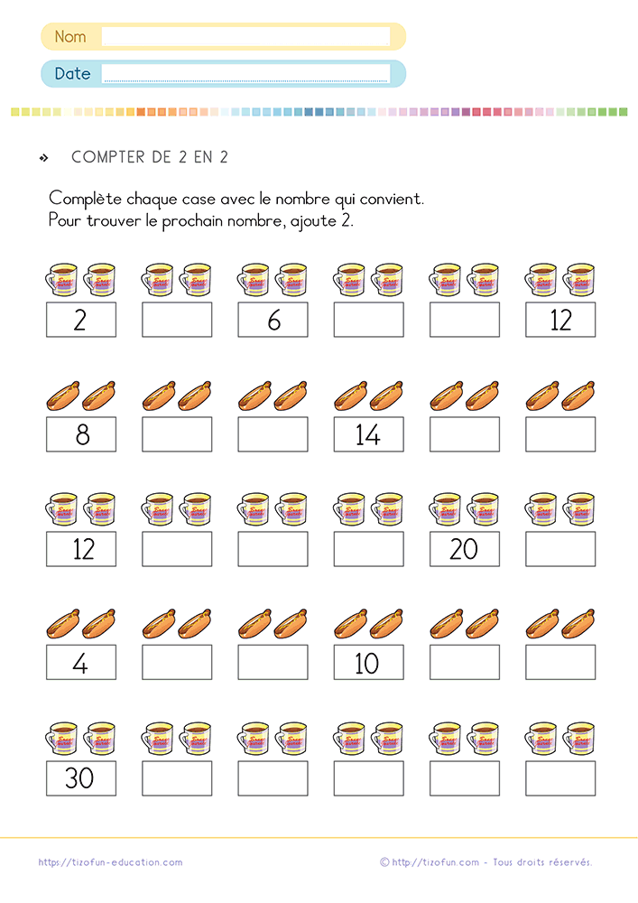 Fiche d'exercices pour compter de 2 en 2 CP CE1 avec des suites numériques à compléter afin de renforcer le surcomptage, les nombres pairs et le calcul mental.
