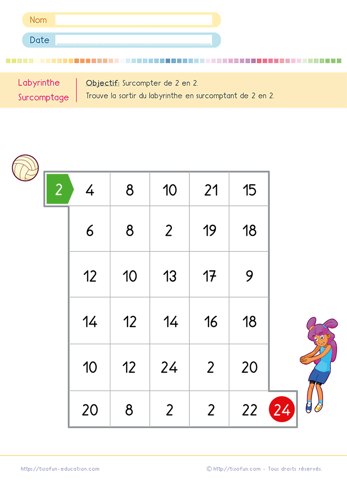Labyrinthe des nombres de 2 en 2 CP CE1 proposant un parcours numérique pour retrouver les nombres pairs et renforcer le calcul mental grâce à une activité ludique.