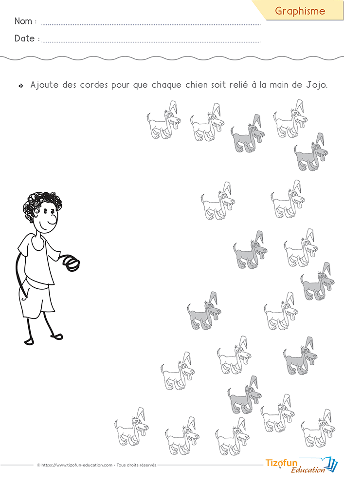 Activité de graphisme des lignes obliques en PS et MS où les chiens sont reliés à Jojo afin de préparer les premiers gestes d'écriture.
