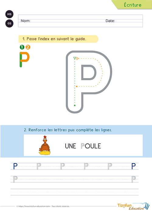 Activité pour écrire la lettre P majuscule en Maternelle avec un grand modèle guidé, le mot repère « poule » et un entraînement sur lignage.