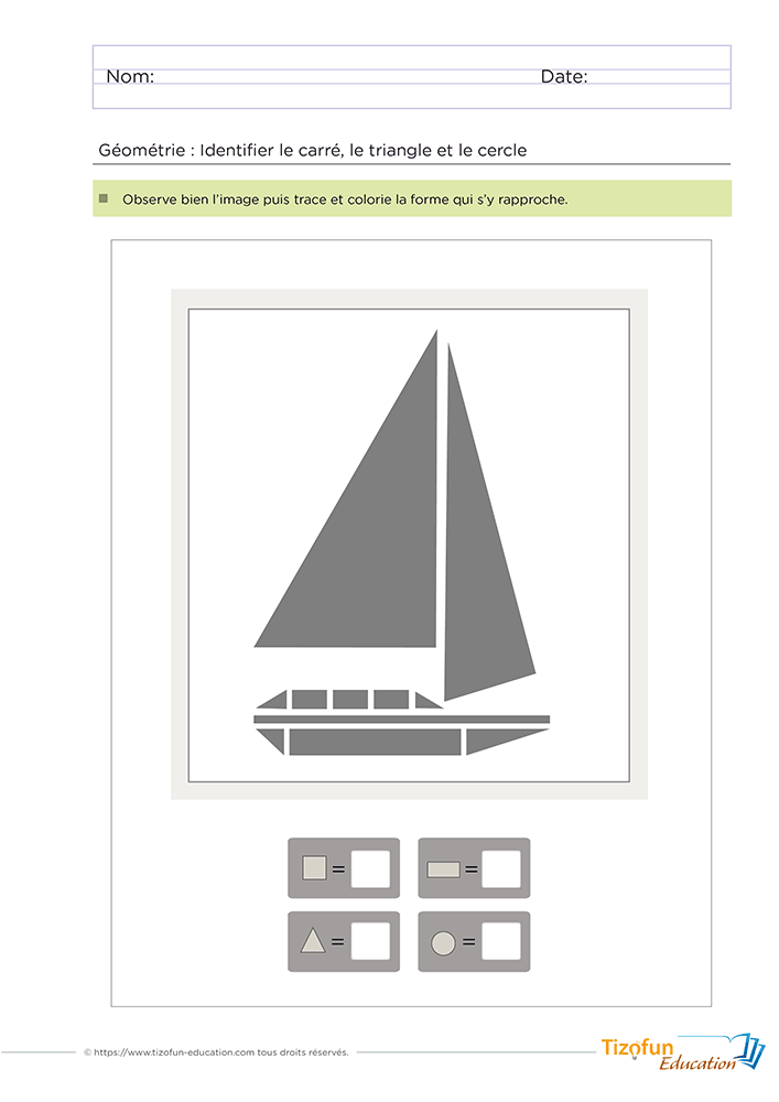 Activité pour identifier les formes géométriques bateau en Maternelle grâce à un voilier composé de carrés, triangles et cercles.