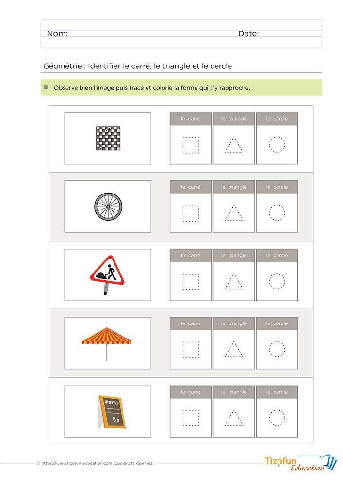 Activité pour distinguer les formes géométriques en Maternelle en associant des objets du quotidien au carré, au triangle et au cercle avant de tracer la bonne figure.