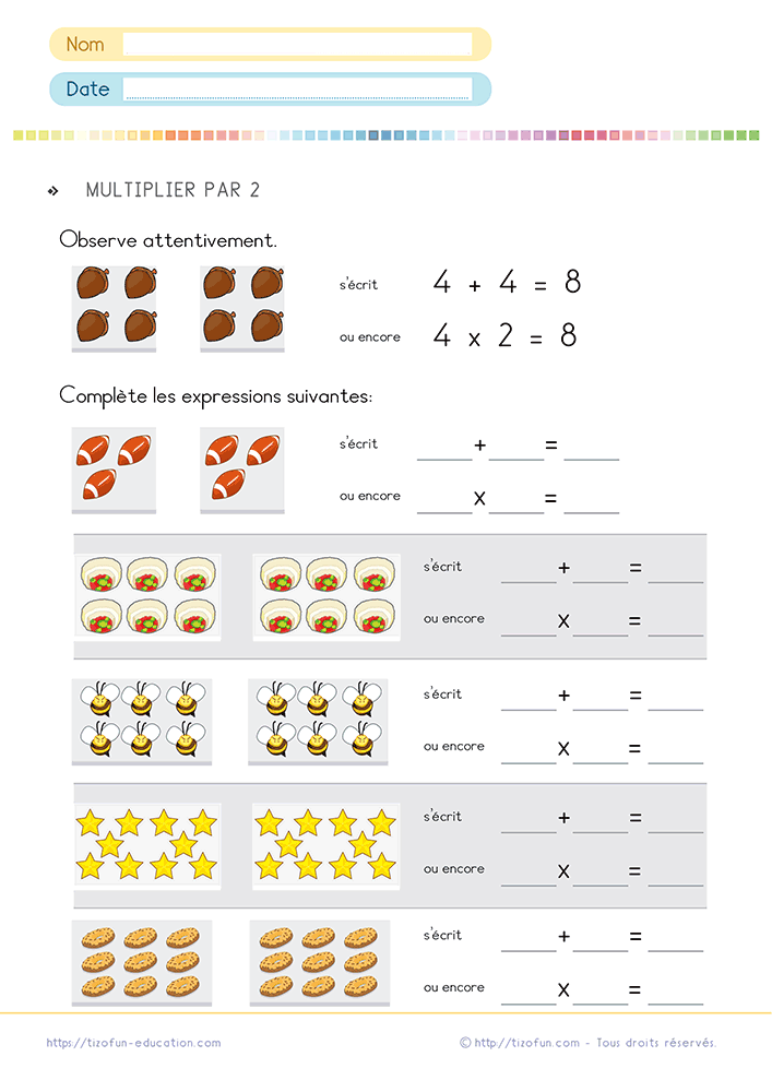 Fiche d'exercices pour apprendre la table de multiplication par 2 CP CE1 grâce à des collections illustrées reliant les additions répétées aux premières multiplications.