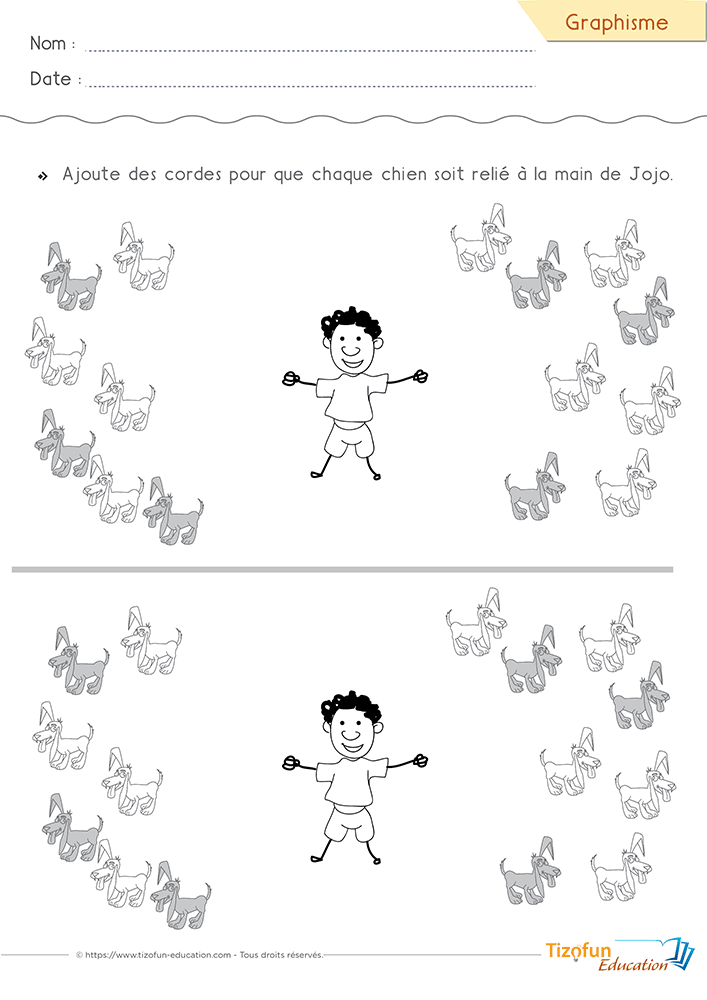 Activité de graphisme des lignes obliques en PS et MS où Jojo est relié à plusieurs chiens afin de développer le contrôle du geste graphique.