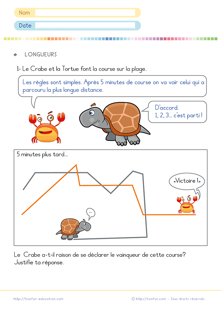 Fiche pour comparer des longueurs de lignes brisées CP CE1 à partir d'un problème illustré de course entre une tortue et un crabe.