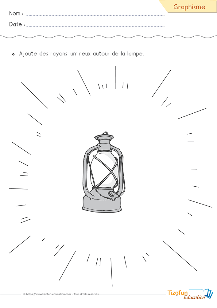 Activité de graphisme PS MS où des rayons de lumière sont tracés autour d'une lampe afin de développer la précision du geste graphique.