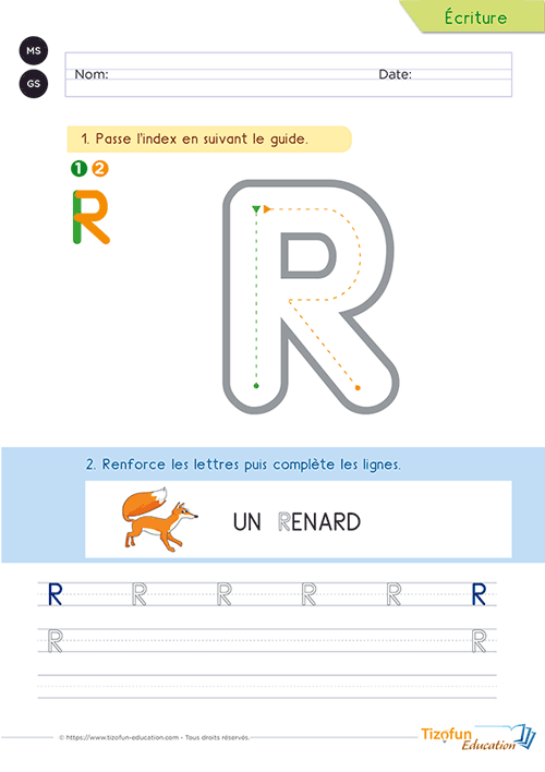 Activité pour écrire la lettre R majuscule en Maternelle avec un grand modèle guidé, le mot repère « renard » et un entraînement sur lignage.