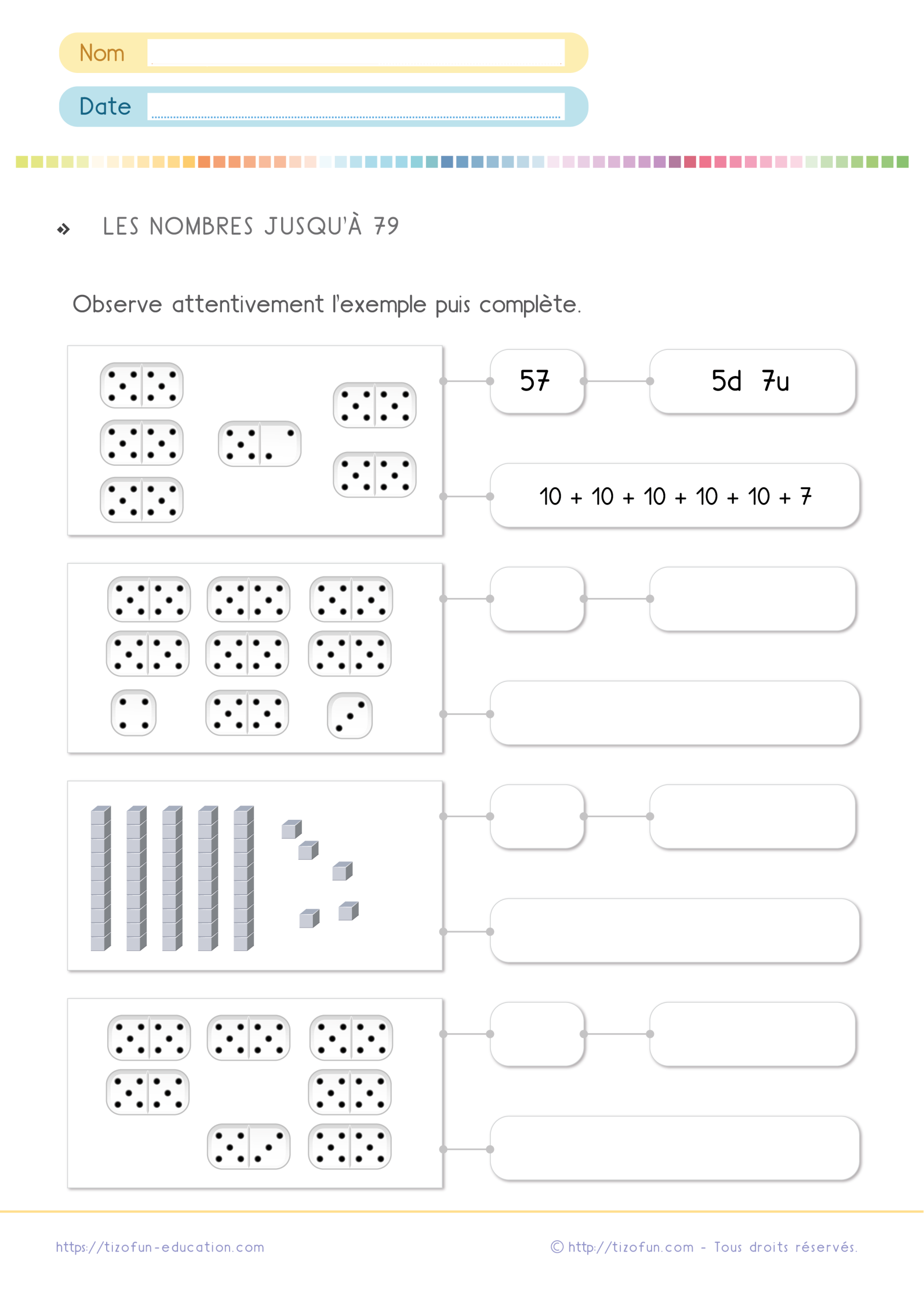 Fiche de décomposition des nombres jusqu'à 79 au CP CE1 avec dominos, matériel de base 10, dizaines, unités et écritures additives.