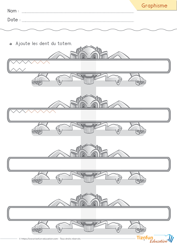 Activité de graphisme PS MS où les enfants complètent les dents d'un totem avec des lignes brisées afin de développer la précision du geste graphique.