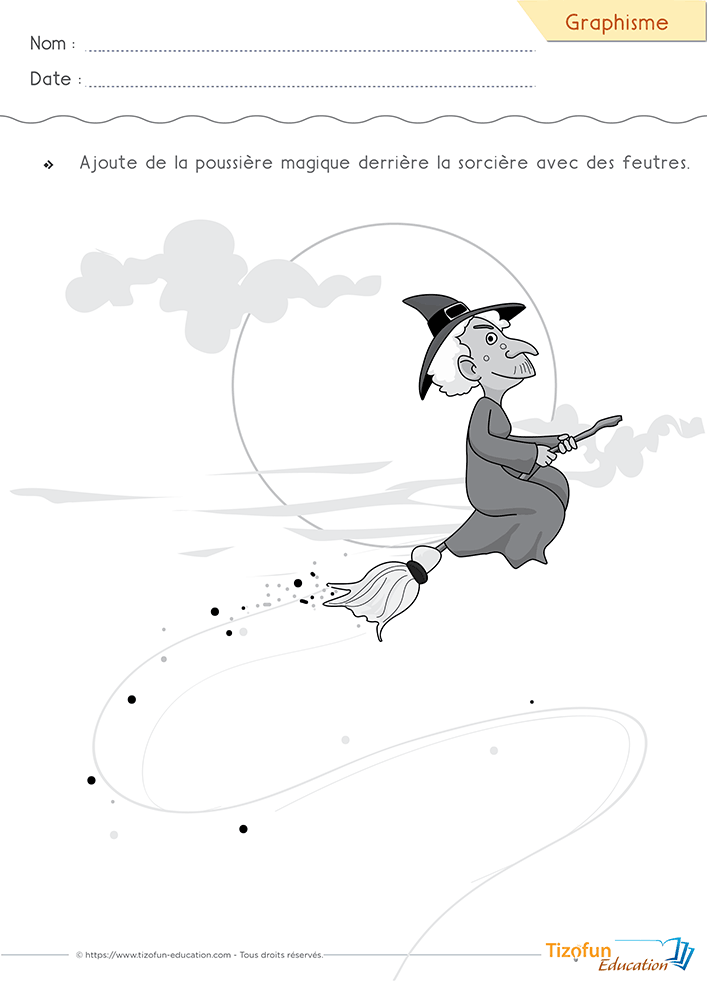 Activité de graphisme sur les points en PS et MS où une sorcière laisse derrière son balai une poussière magique à compléter avec des points colorés.