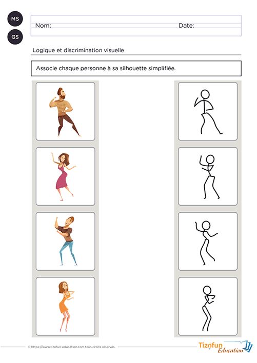 Aperçu d'une fiche de logique où les élèves associent des personnages à leur silhouette simplifiée en observant uniquement leur posture.