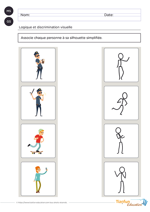 Aperçu d'une activité de discrimination visuelle où les enfants associent des personnages à leur silhouette simplifiée en observant leur posture.
