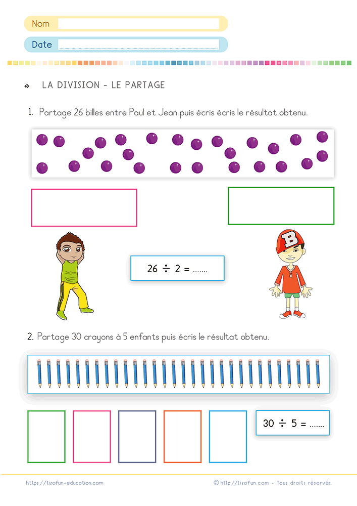 Fiche d'exercices sur le partage et la division au CE1 et CE2 pour comprendre la division grâce à des situations de partage.