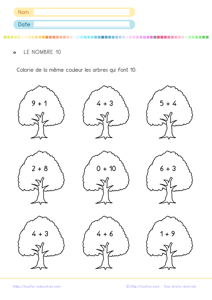Fiche d'exercice sur les additions de collections égales à 10 avec arbres à colorier pour reconnaître les sommes donnant dix.
