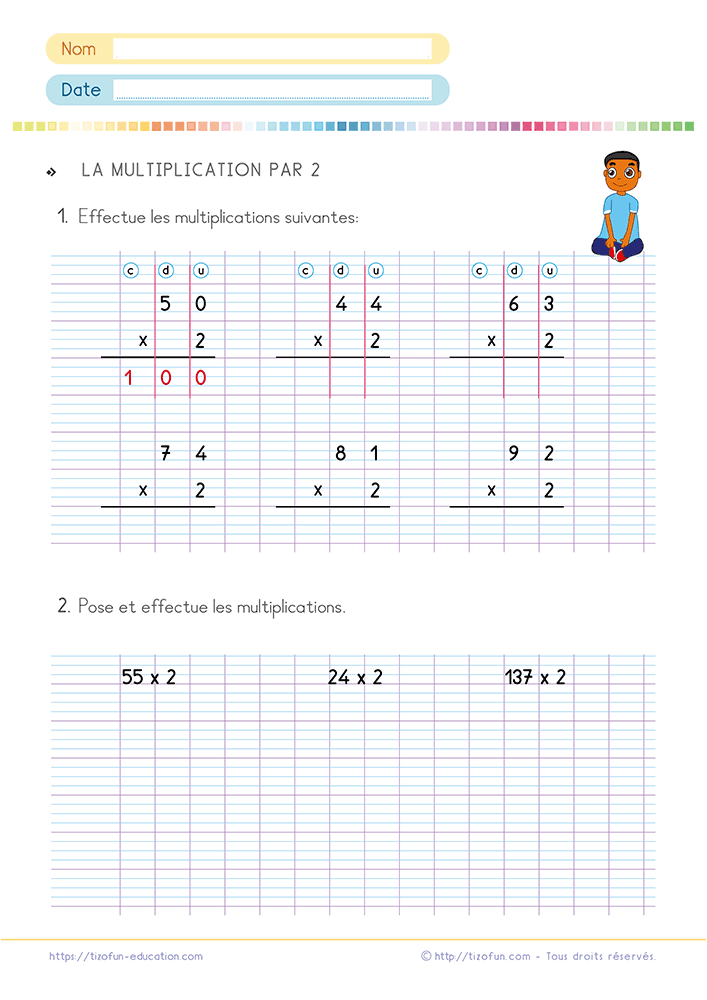 Fiche d'exercices de multiplication posée au CE1 et CE2 pour apprendre à multiplier par 2 sur quadrillage Seyes.