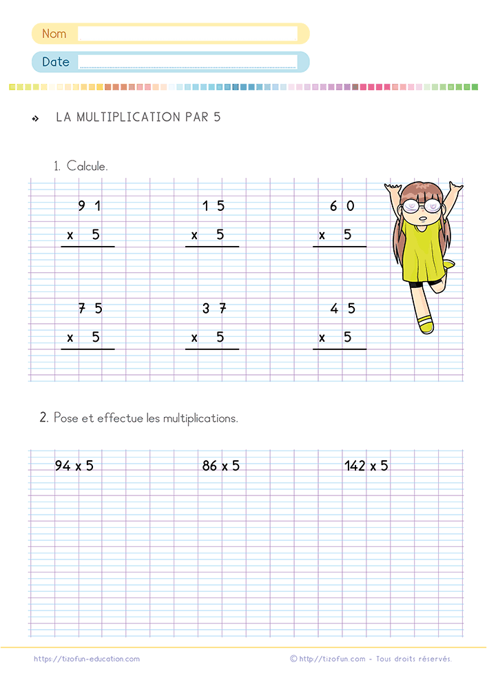 Exercice de multiplication posée par 5 CE1 CE2 à imprimer