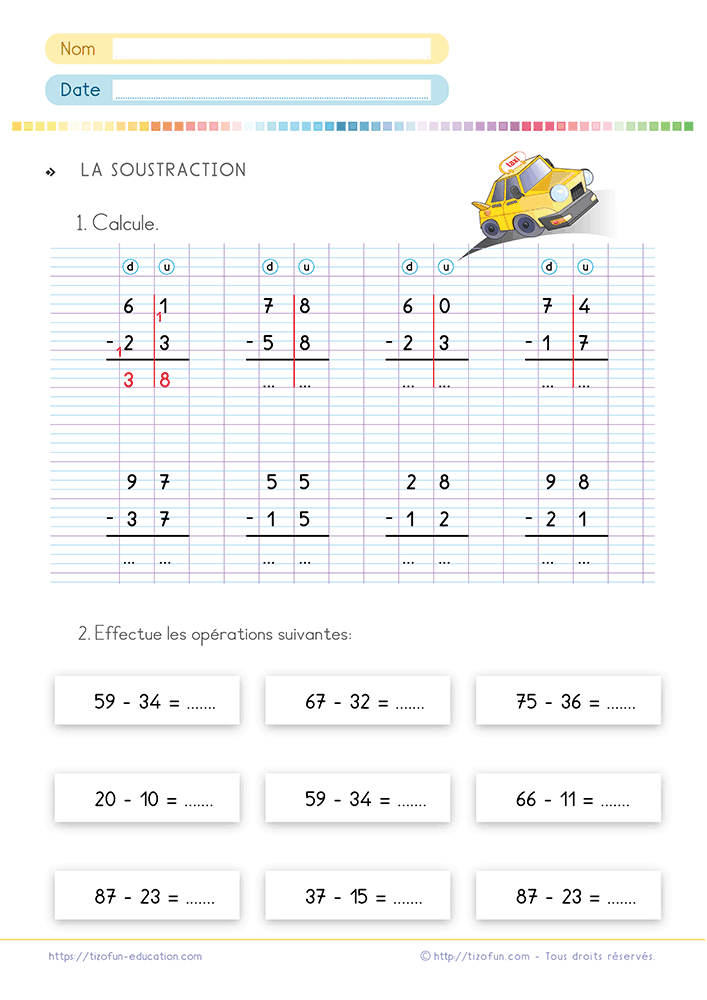 Exercice de soustraction posée à deux chiffres CE1 avec calculs progressifs sur quadrillage Seyès pour automatiser la technique opératoire.