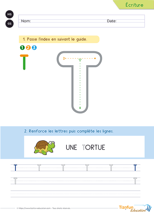 Activité pour écrire la lettre T majuscule en Maternelle avec un grand modèle guidé, le mot repère « tortue » et un entraînement sur lignage.