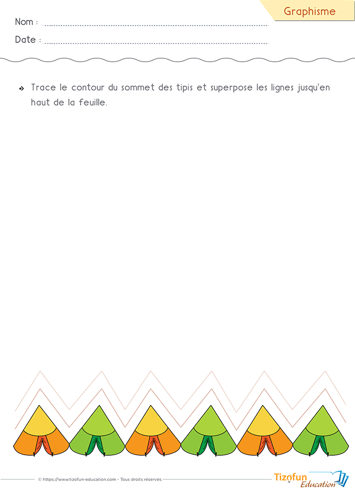 Activité de Graphisme en PS et MS où les lignes brisées prolongent le sommet des tipis afin de développer la précision du geste graphique.