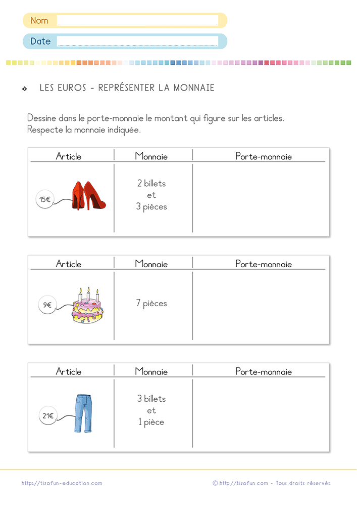 Fiche de problème sur la monnaie euro au CP CE1 où les élèves représentent une somme avec des billets et des pièces sous contraintes.