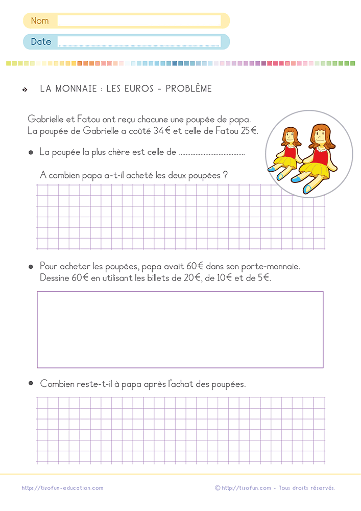 Fiche pour résoudre un problème de monnaie au CP et CE1 combinant comparaison de prix, addition d'achats, représentation de billets en euros et calcul du reste.