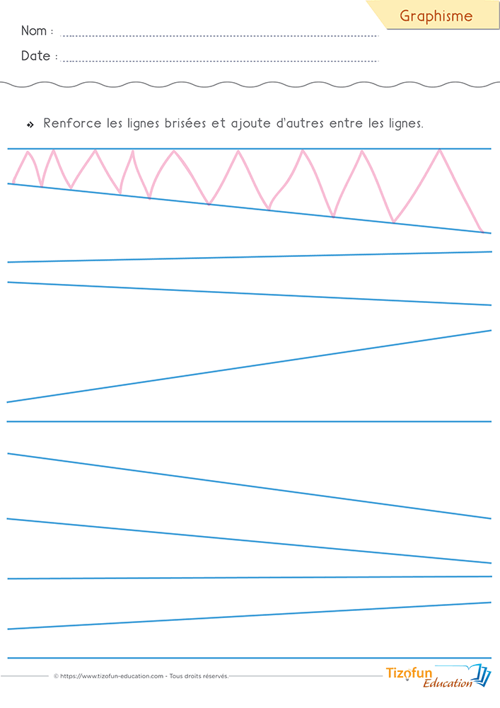 Activité de Graphisme en PS, MS et GS consistant à prolonger des lignes brisées entre plusieurs lignes guides afin de développer la précision du geste.