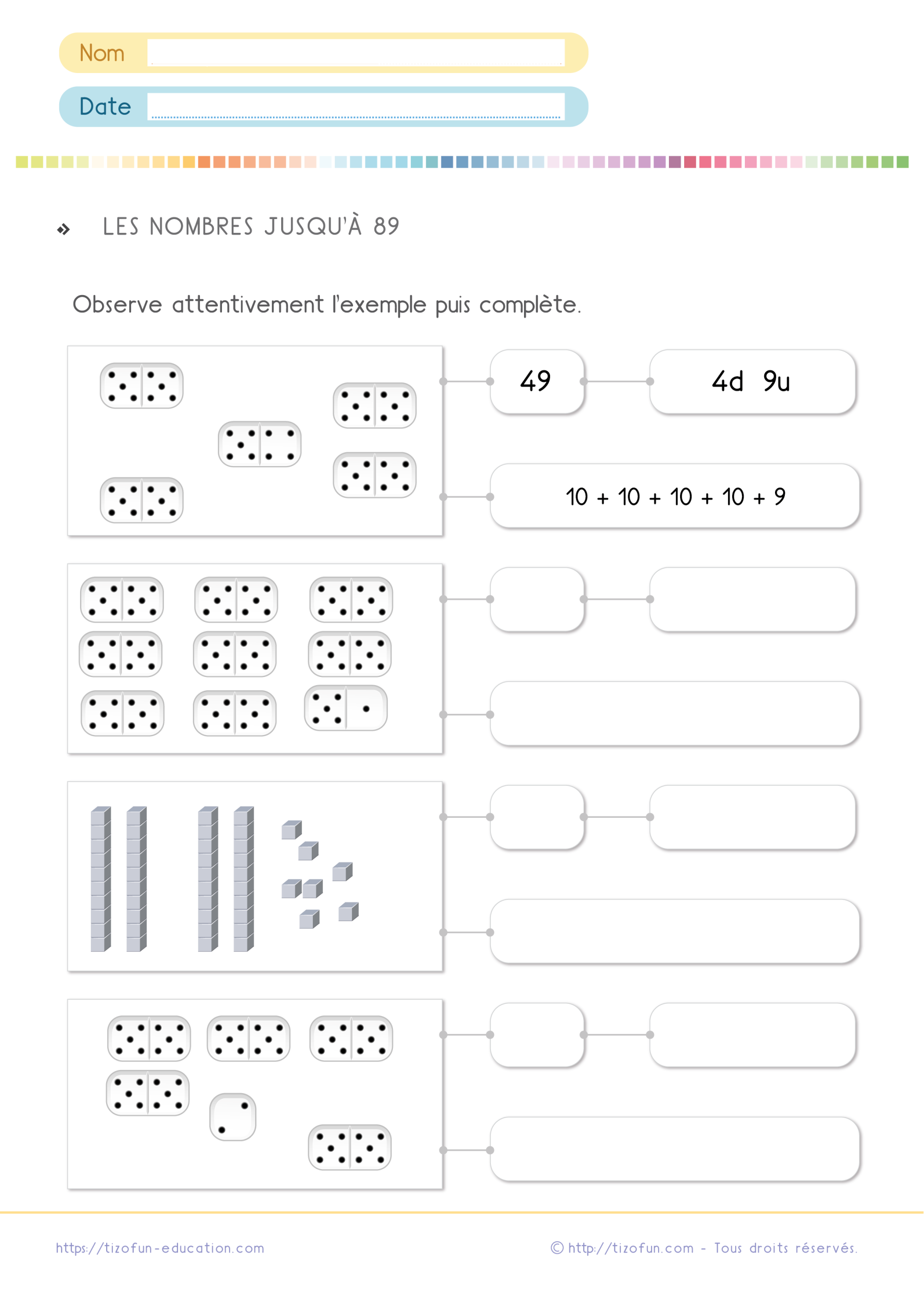 Un élève de CP complète un exercice sur les nombres jusqu'à 89 en reliant dominos, cubes de base 10, écriture chiffrée, décomposition additive et dizaines-unités afin de comprendre plusieurs représentations d'un même nombre.