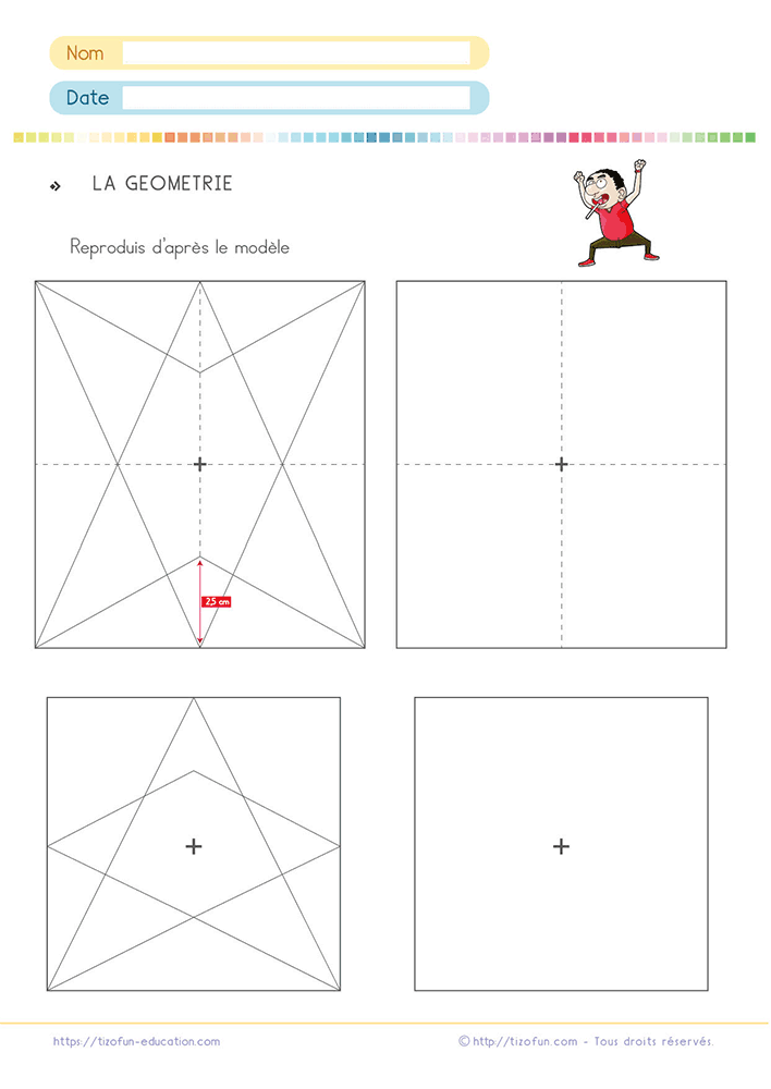 Exercice de reproduction de figure géométrique CM1 CM2 proposant deux modèles à reconstruire à la règle à partir de repères et de mesures.