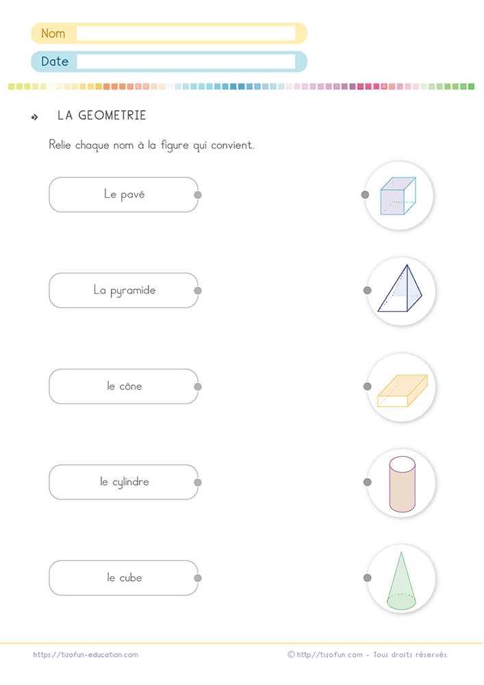 Fiche de géométrie proposant de reconnaître les solides géométriques du CM1 au CM2 jusqu'en 6e grâce à une activité d'association entre les solides usuels et leur nom.