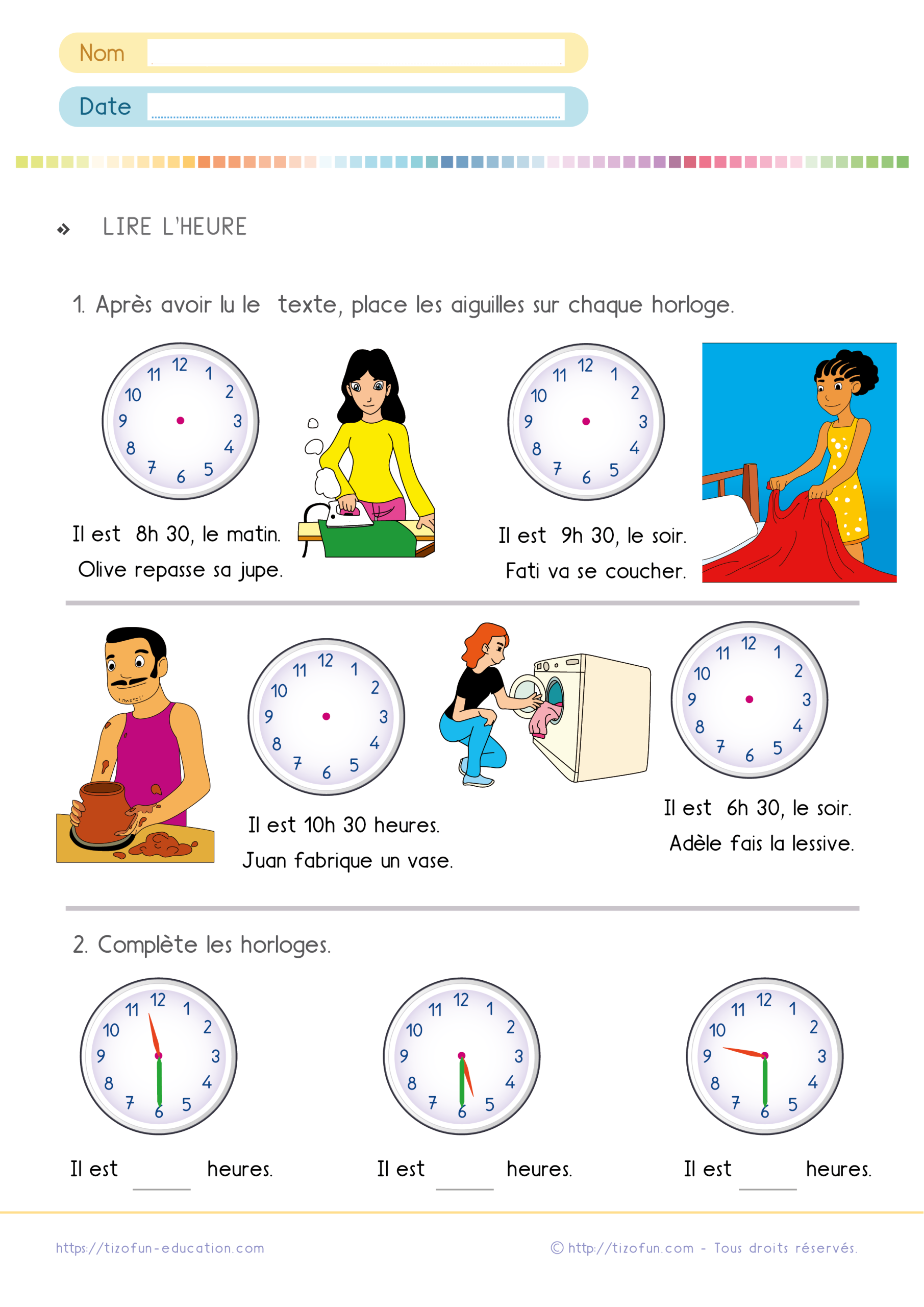 Fiche d'exercices pour apprendre à lire la demi heure CP CE1 grâce au placement des aiguilles, à la lecture d'horloges analogiques et à des situations de la vie quotidienne.