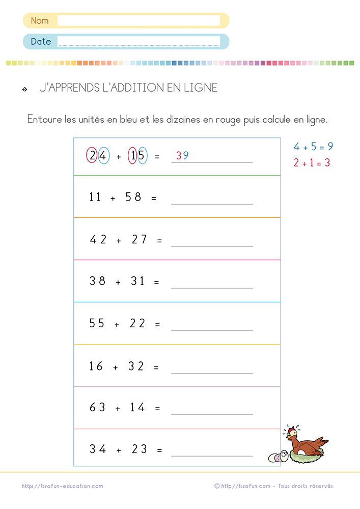 Fiche d'exercice d'addition en ligne CP CE1 utilisant un codage couleur pour distinguer les dizaines, les unités et calculer sans retenue.