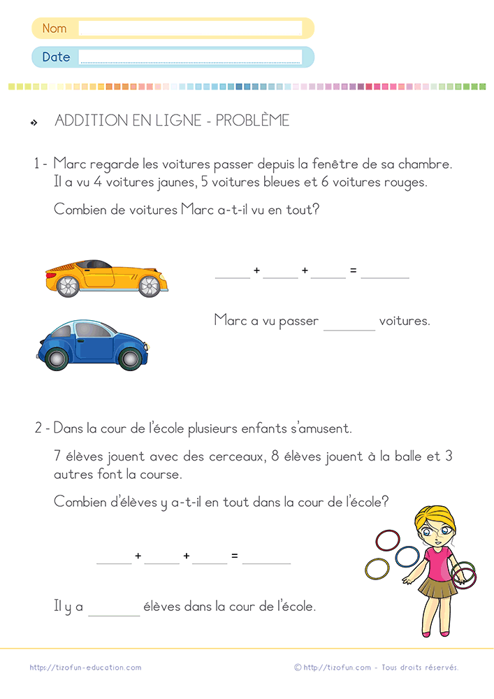 Fiche de problème avec addition en ligne CP CE1 proposant des situations illustrées pour modéliser un calcul, effectuer une addition et rédiger une réponse.