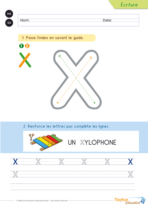 Activité pour écrire la lettre X majuscule avec le mot xylophone grâce à un grand modèle guidé et des lignes d'entraînement.