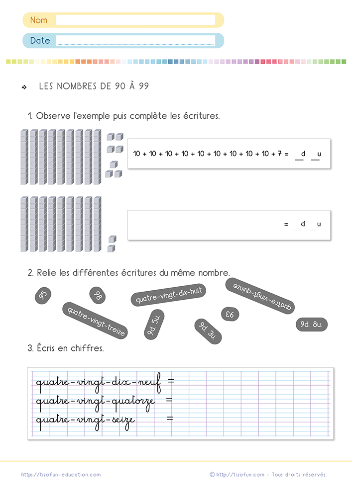 Fiche d'exercices sur les nombres de 90 à 99 CP CE1 proposant des activités de décomposition, d'association d'écritures et de numération.