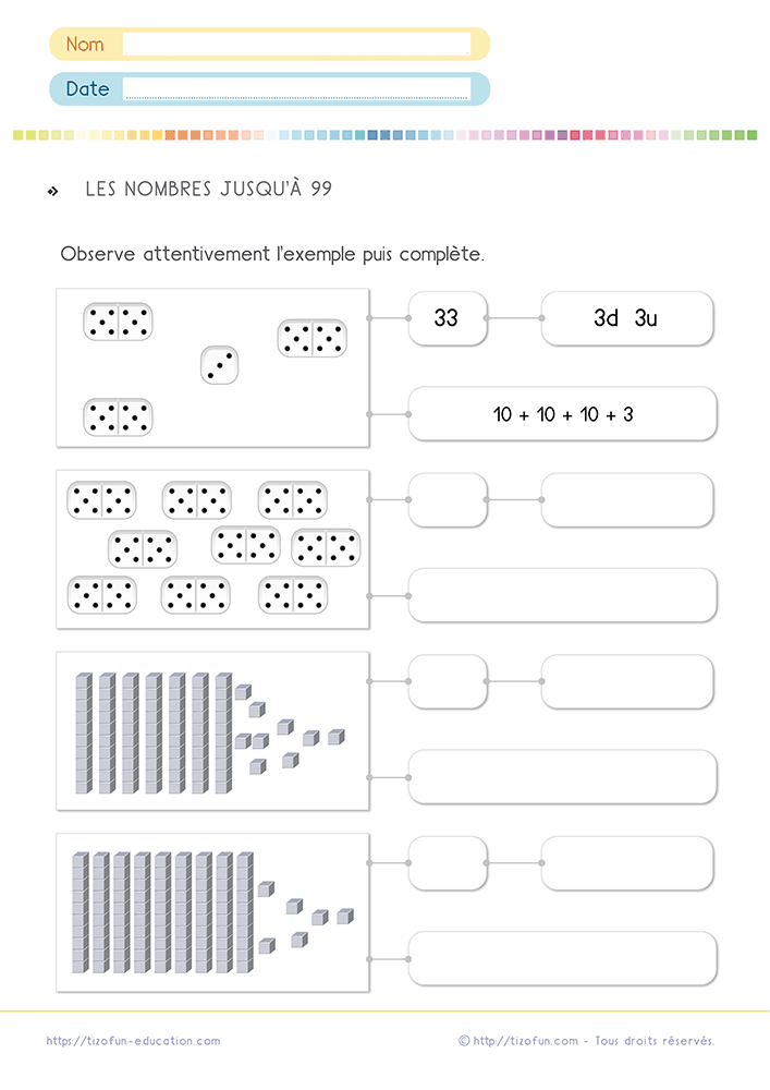 Fiche d'exercice sur les dizaines et les unités de 90 à 99 au CP et au CE1 avec représentations en barres de dix, cubes et écritures numériques.