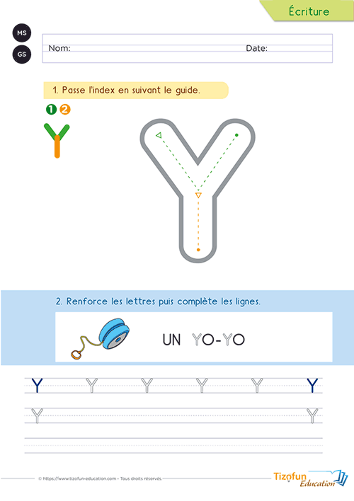 Activité pour écrire la lettre Y majuscule avec le mot yo-yo grâce à un grand modèle guidé et des lignes d'entraînement.