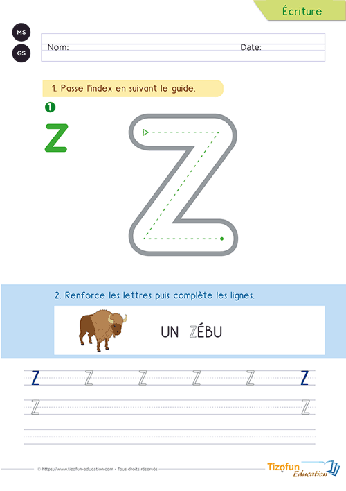 Activité pour écrire la lettre Z majuscule avec le mot zébu grâce à un grand modèle guidé et un entraînement progressif sur lignage.