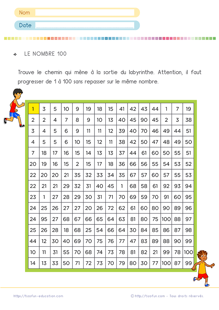 Labyrinthe sur le nombre 100 au CP et au CE1 invitant les élèves à suivre la suite numérique de 1 à 100 sans repasser sur un même nombre.