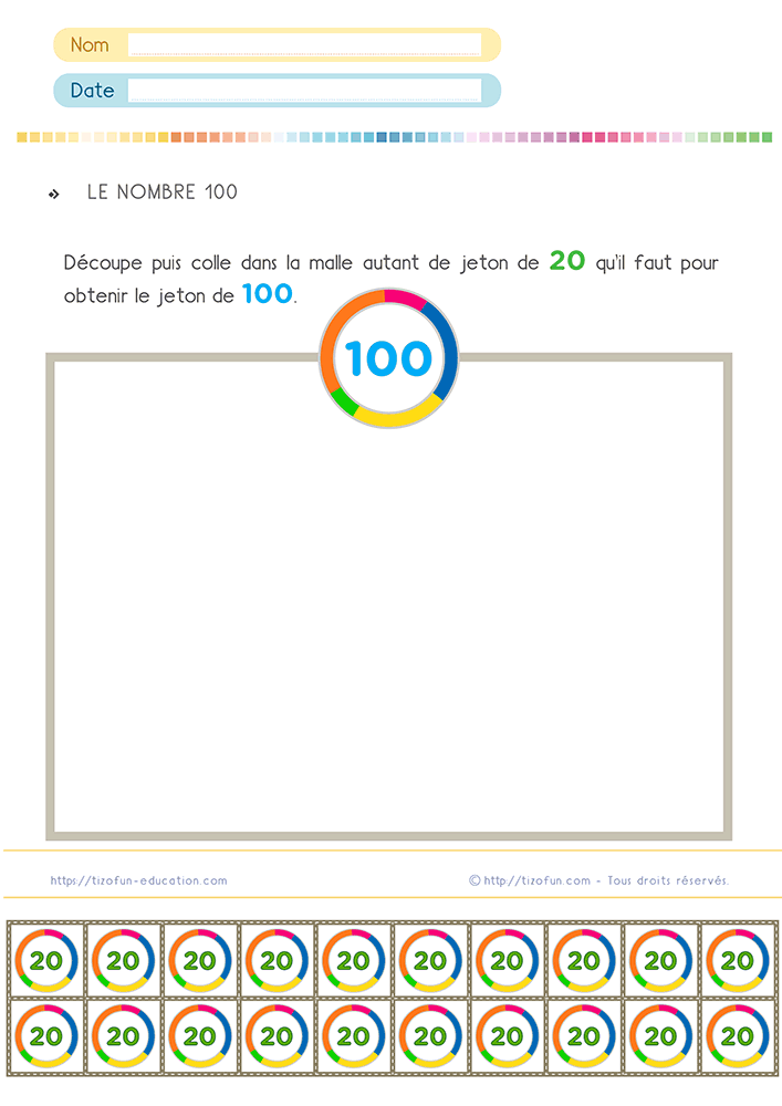 Activité de découpage sur le nombre 100 pour le CP et le CE1 où les élèves découpent et collent des jetons de 20 afin de construire la centaine.