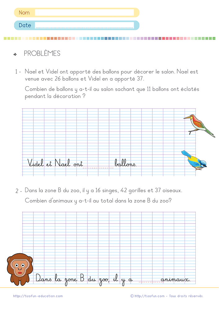 Fiche d'exercices pour résoudre des problèmes au CE1 avec des situations additives et soustractives, des espaces de recherche sur quadrillage Seyès et une phrase réponse à compléter.