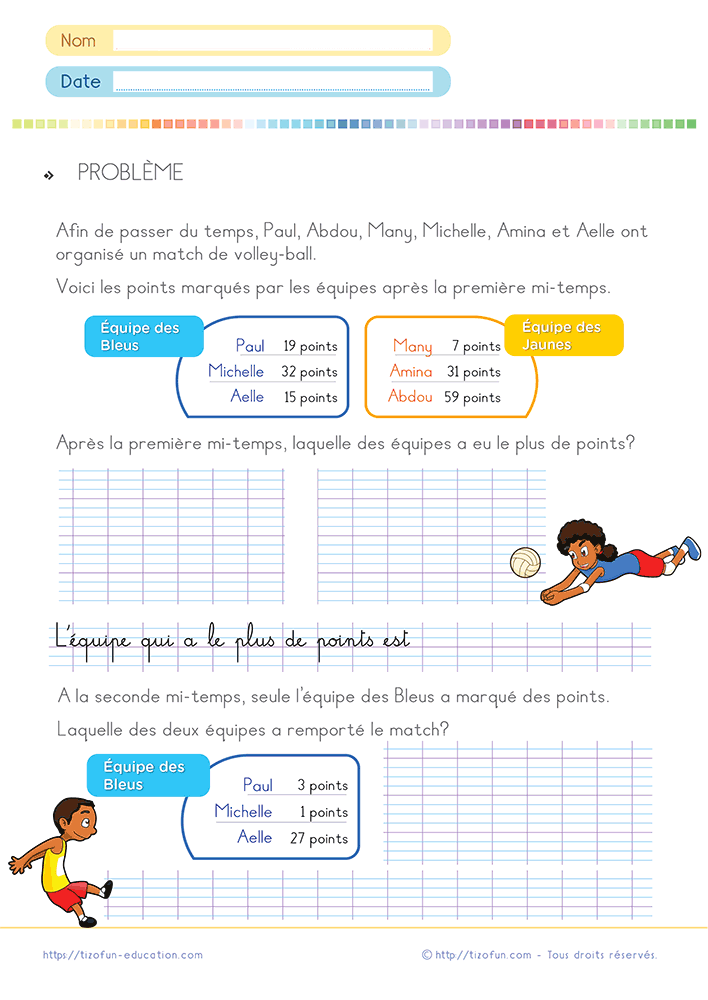 Fiche d'exercices avec un problème de calcul pour le CE1 et le CE2 utilisant les scores d'un match de volley-ball afin de comparer deux équipes après plusieurs étapes de calcul.